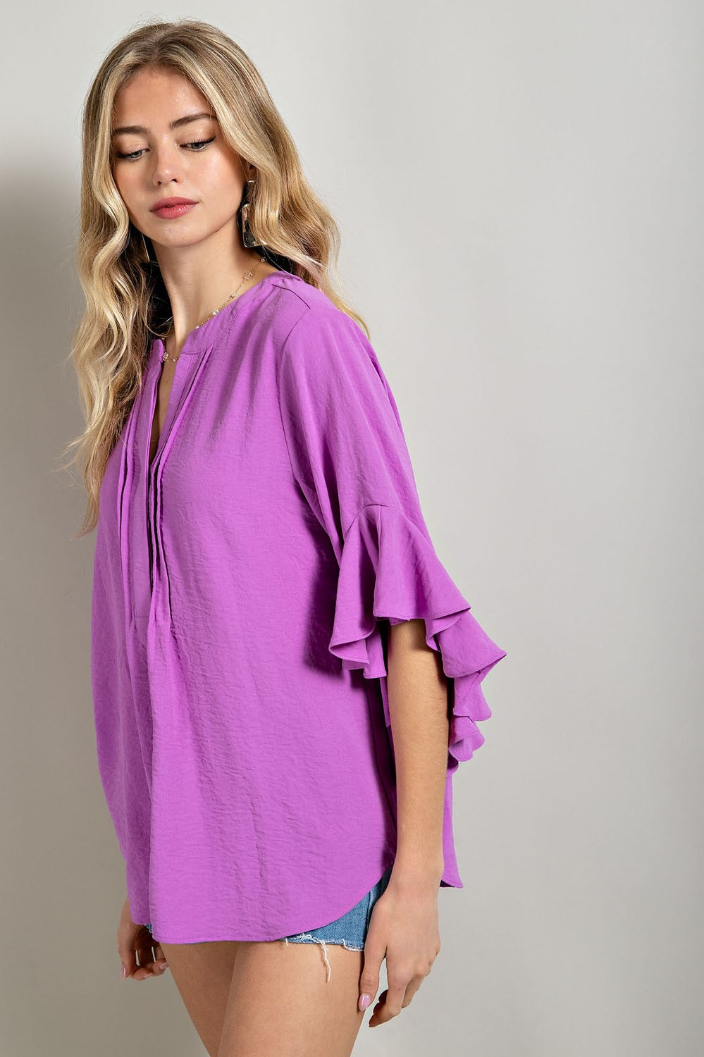 Orchid Ruffled Bell Sleeve and Front Pleated Detail Top