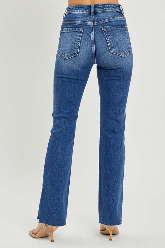 Risen High Rise Raw Hem Straight Slit Leg Jeans