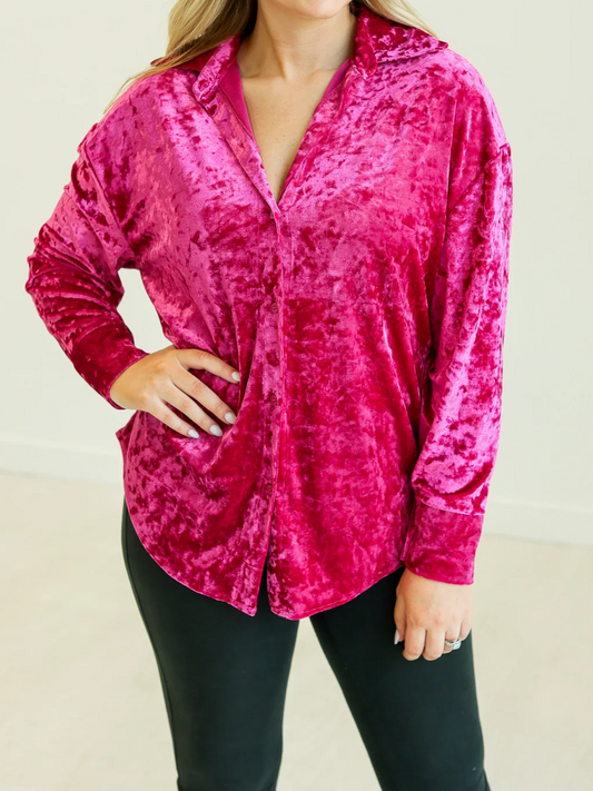 Pink Velvet Button-Up Top