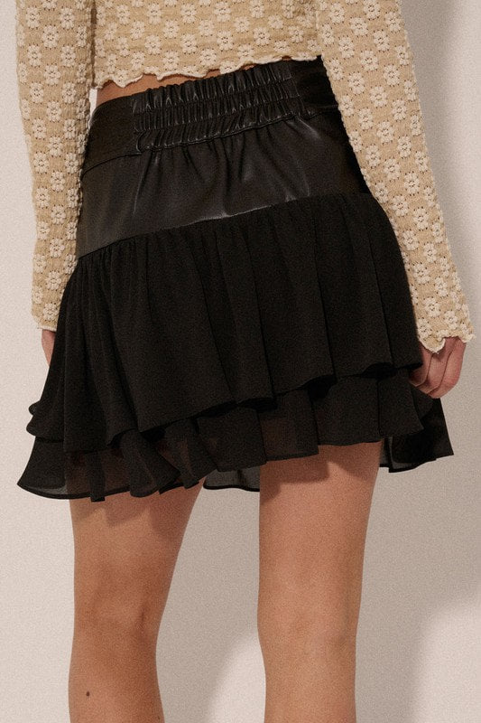 Concert Black Ruffled Faux Leather Topped Skirt