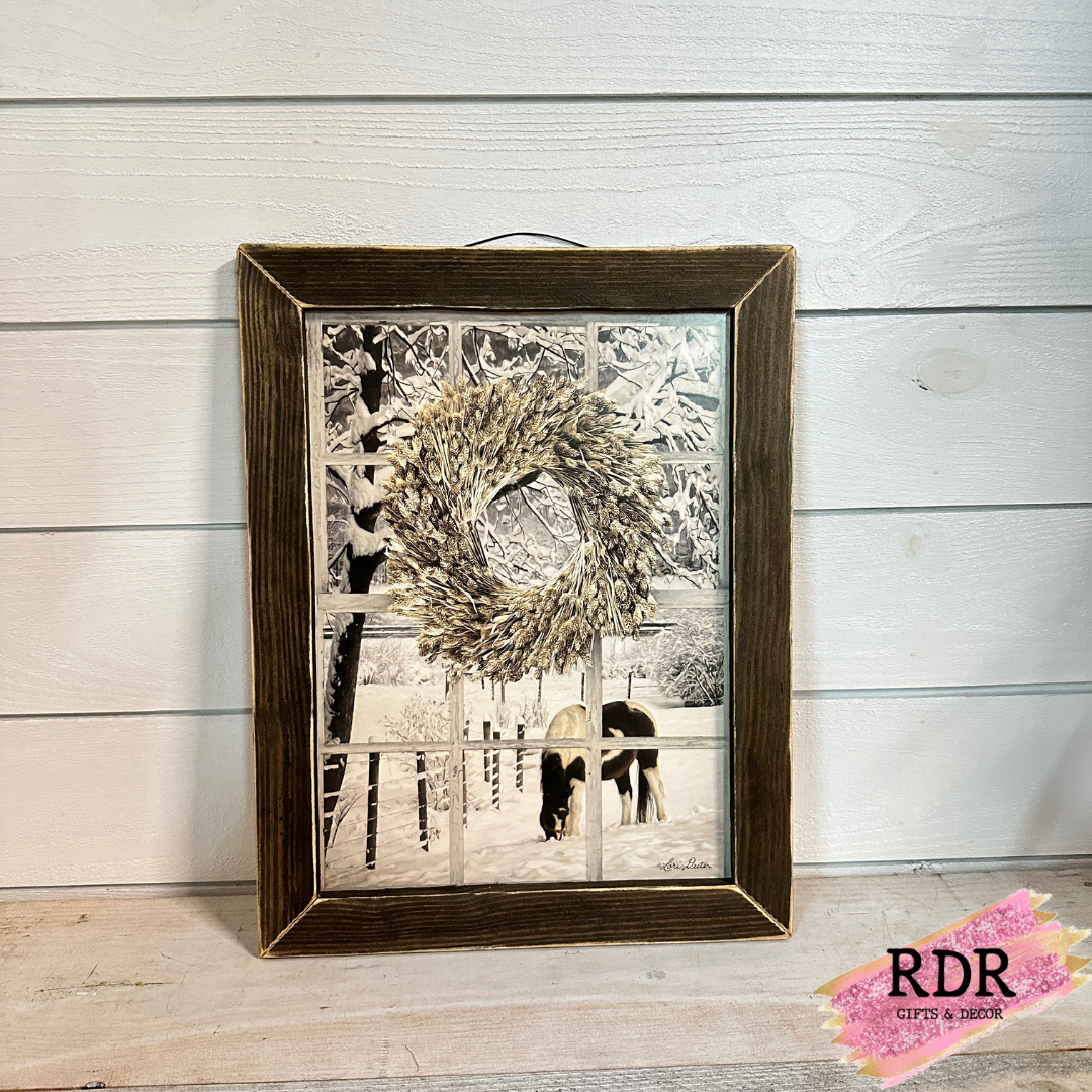 Winter Horse Window Pane Brown Stained Frame