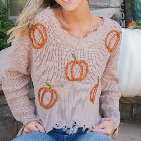 Simply Southern Mocha V-Neck Distressed Sweater - Pumpkin