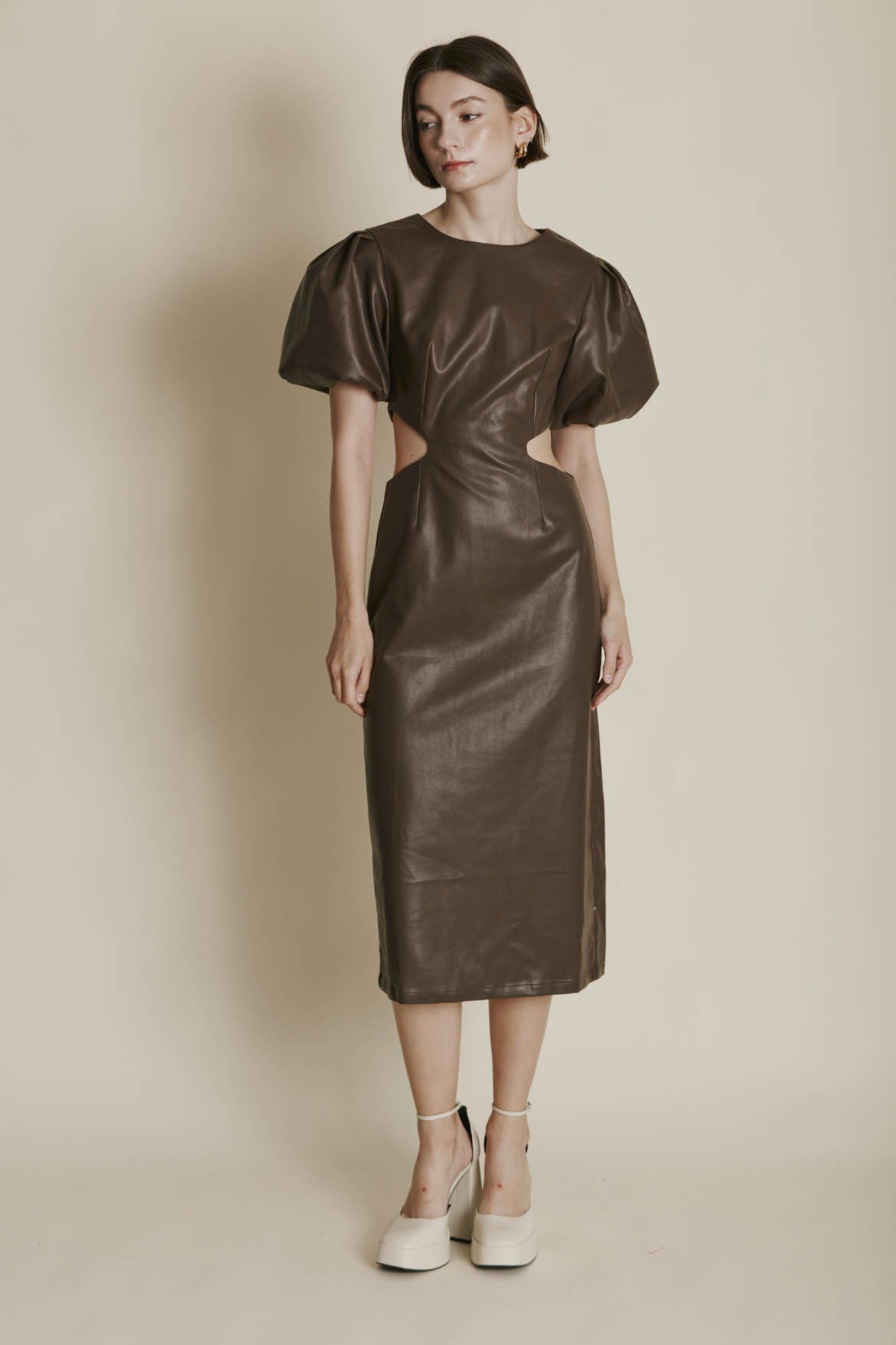 Brown Vegan Leather Midi Dress