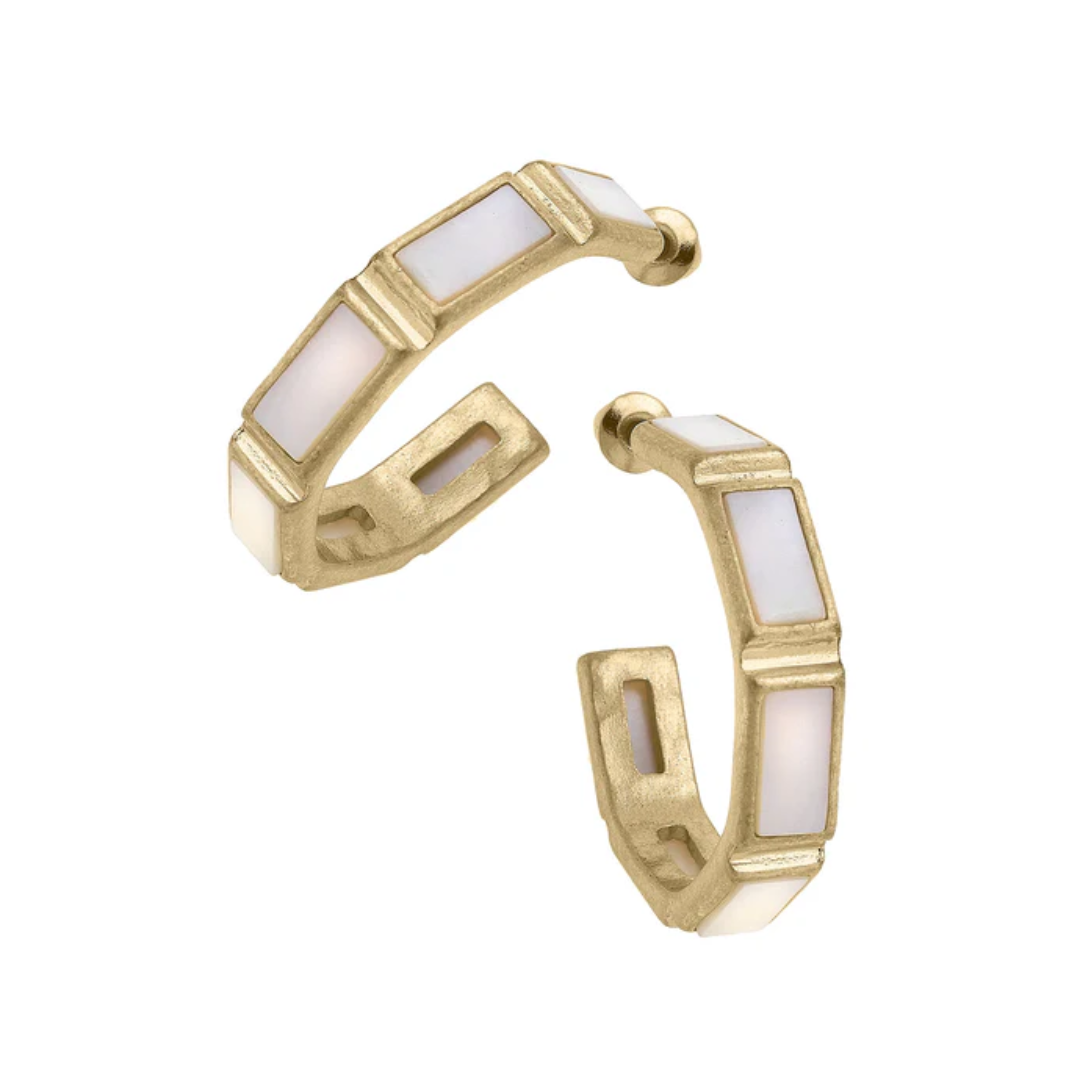 Halston Mother of Pearl Hoop Earrings in Worn Gold