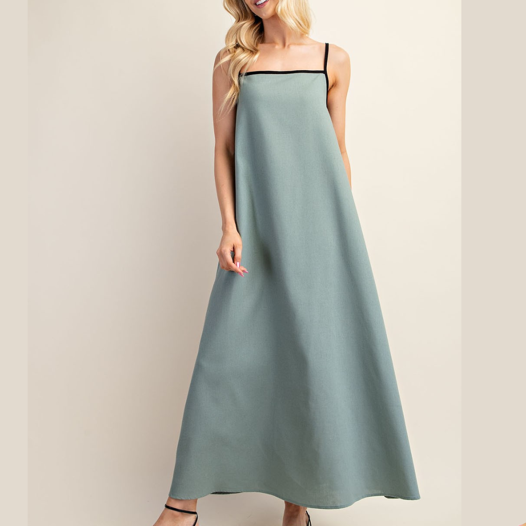 Contrast Linen Midi Dress With Spaghetti Straps Teal / Small Contrast Linen Midi Dress With Spaghetti Straps Teal / Small