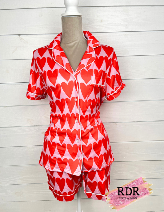 Katydid Loungewear Set- Pink With Red Hearts