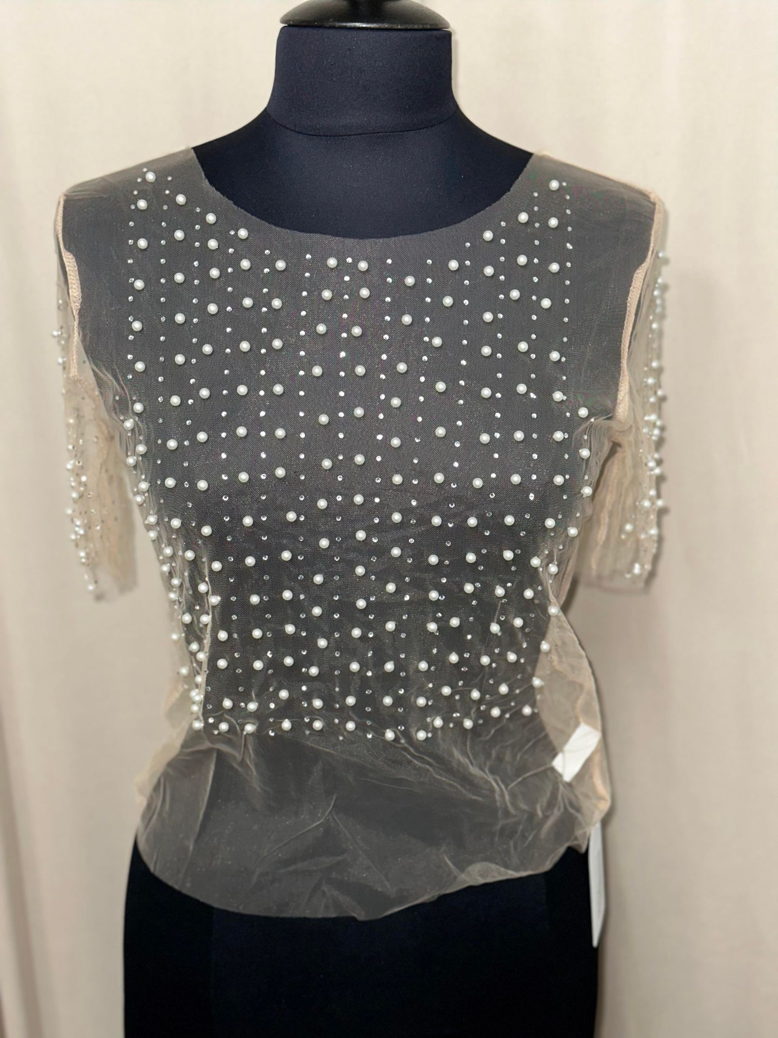 Concert Sheer Mesh Faux Pearl Cropped Top