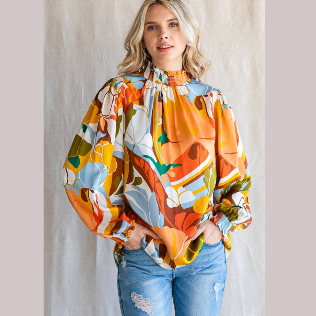 Printed Smocked Neck Long Peasant Sleeve Top