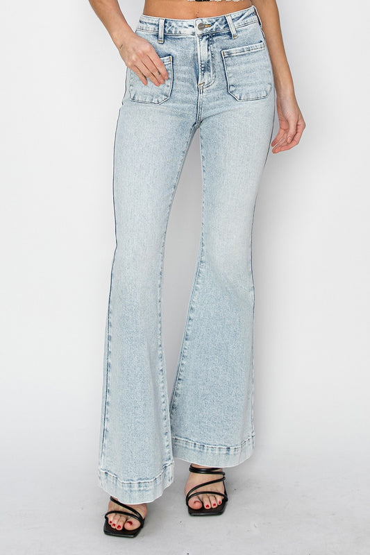 Risen High Rise Light Acid Front Patch Pocket Bell Bottom Jeans