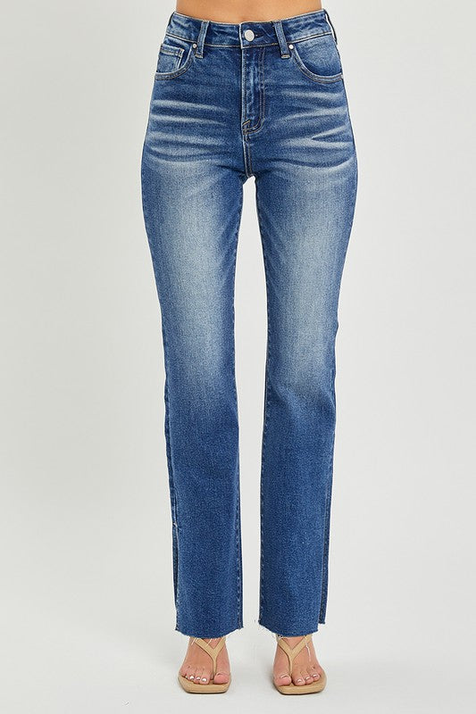 Risen High Rise Raw Hem Straight Slit Leg Jeans