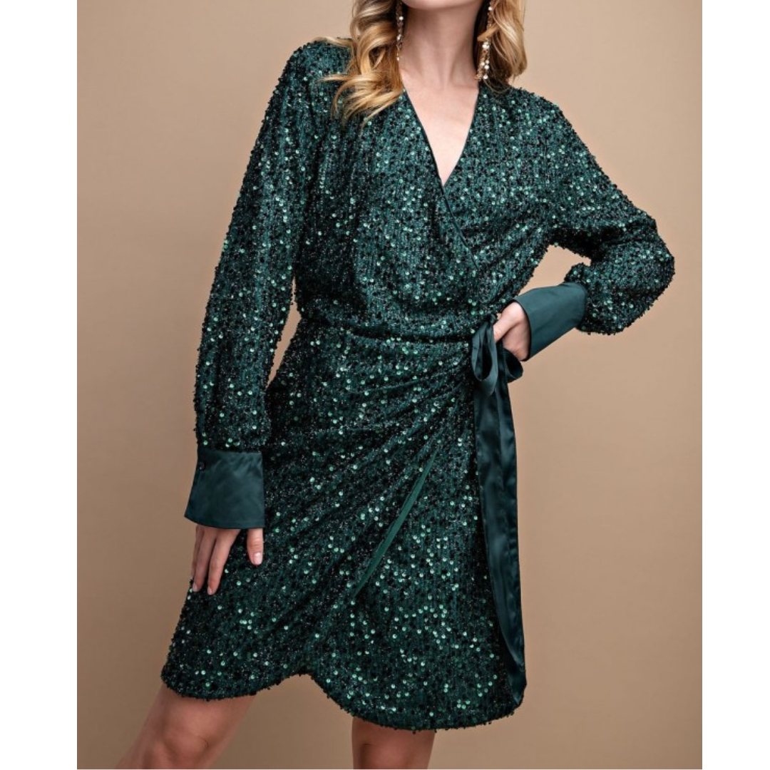 Sparkling Stretched Sequin Wrap Dress with Waist Tie