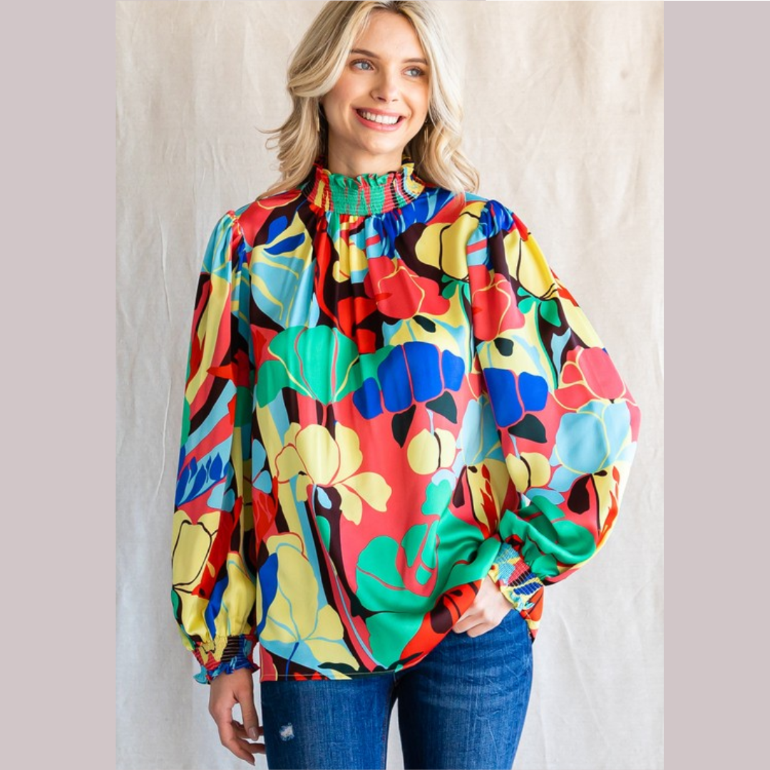 Printed Smocked Neck Long Peasant Sleeve Top