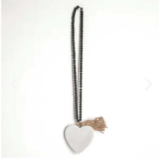 White Marble Heart With Black Beads-4”