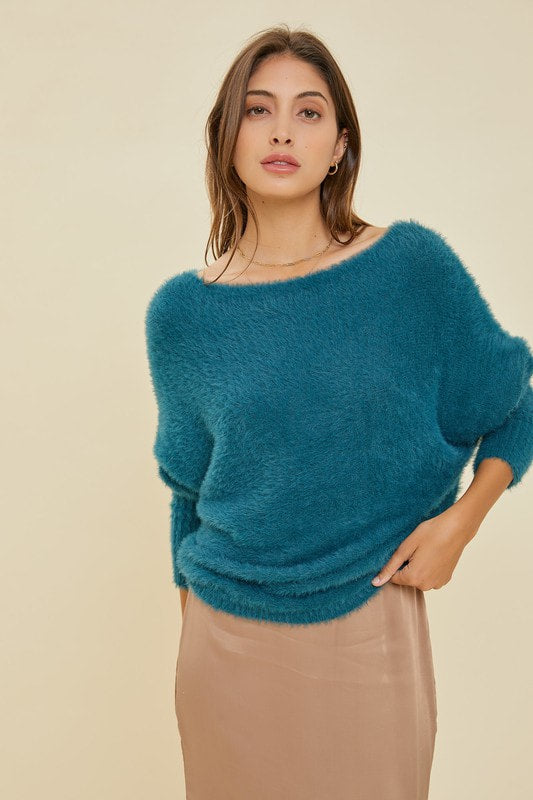 Fuzzy Peacock Puff Sleeve Sweater