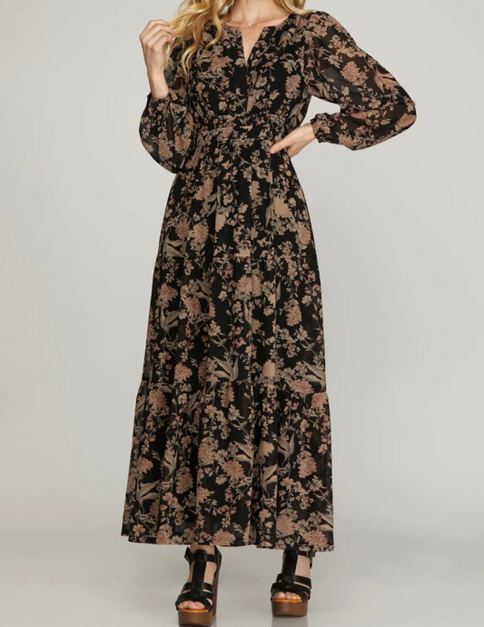 Black Long Sleeve Maxi Dress With Woven Print