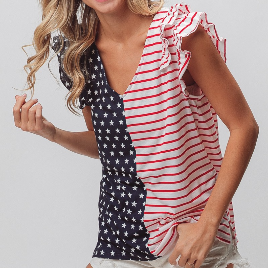 American Flag Mix Matched Ruffle Armhole V-Neck Top