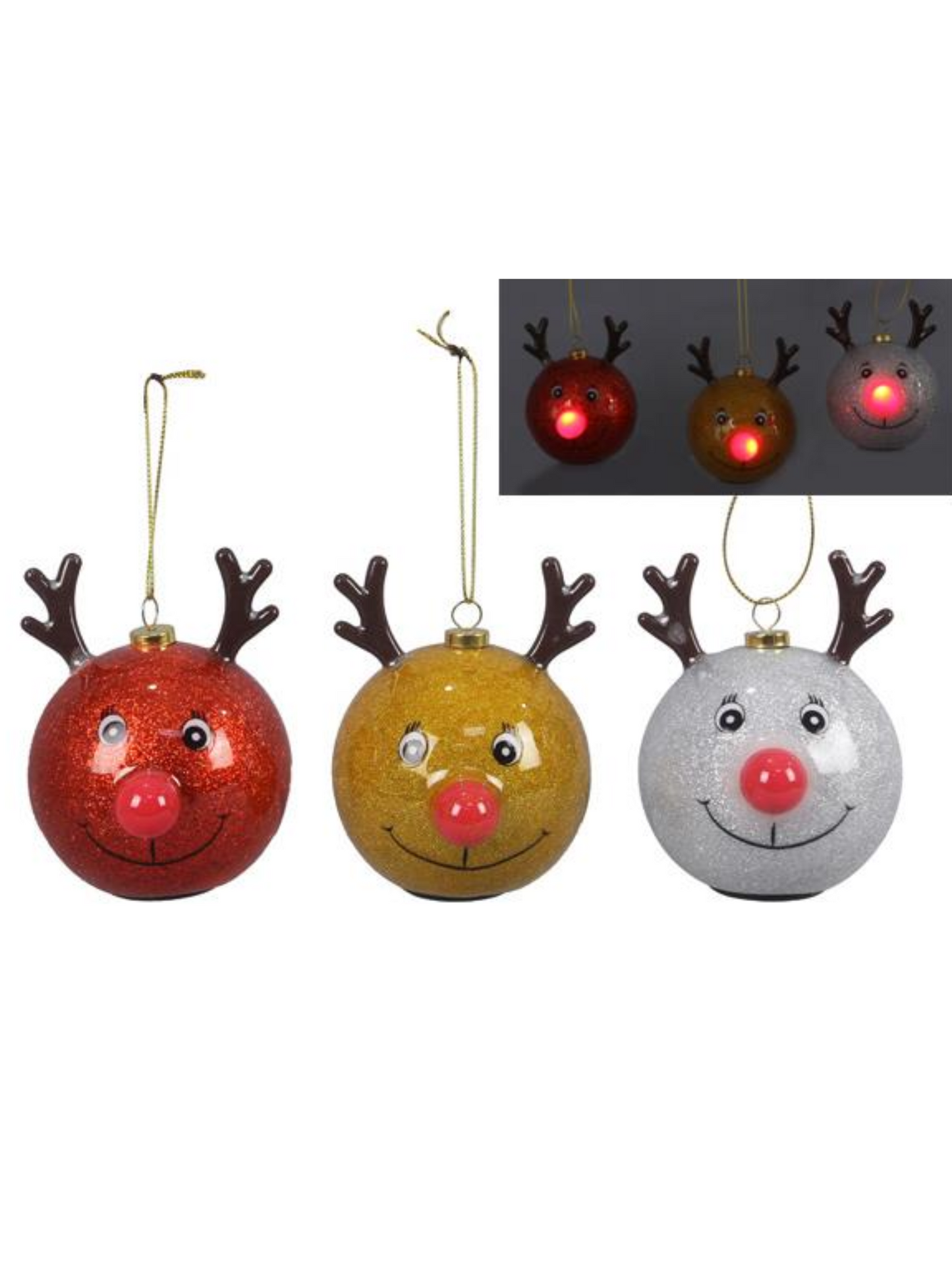 LED Glittered Reindeer With Antlers Ornaments