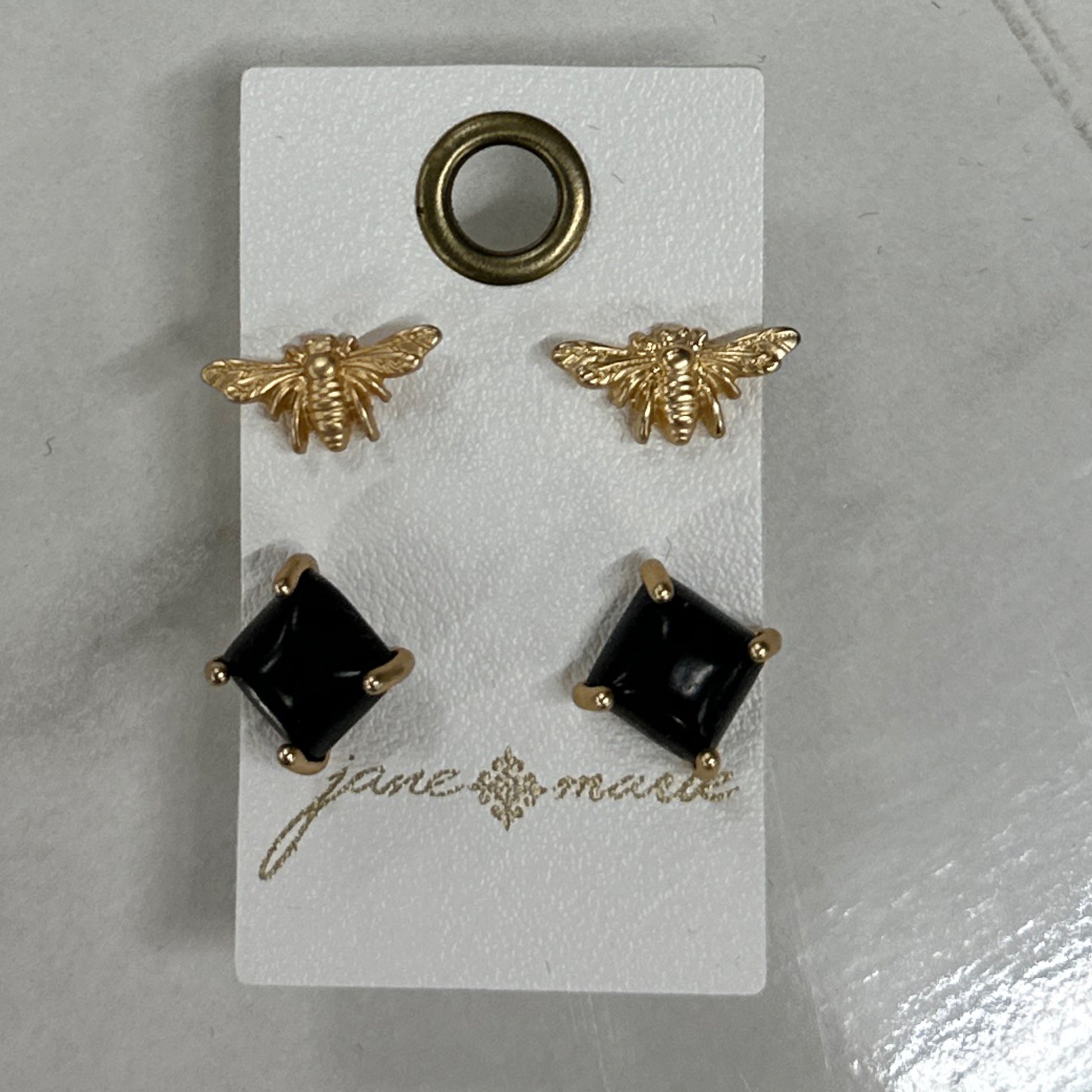 Jane Marie Jet Gold Bee/Jet Square 2 Stud Set Earrings