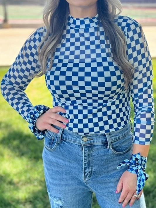 Blue & White Checkered Mesh Long Sleeve Shirts