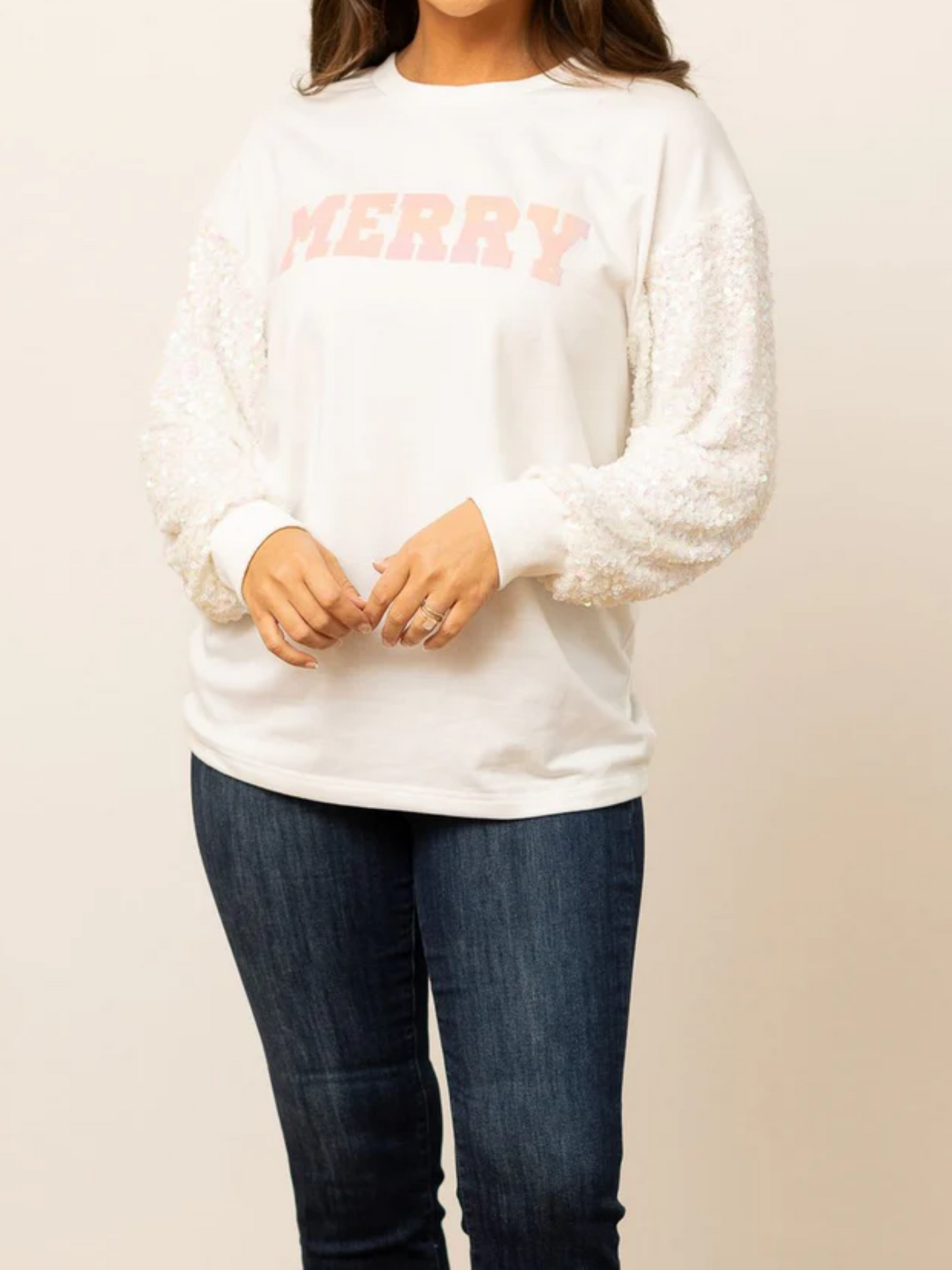 Southern Grace White Merry Sweatshirt With Sequin Sleeves
