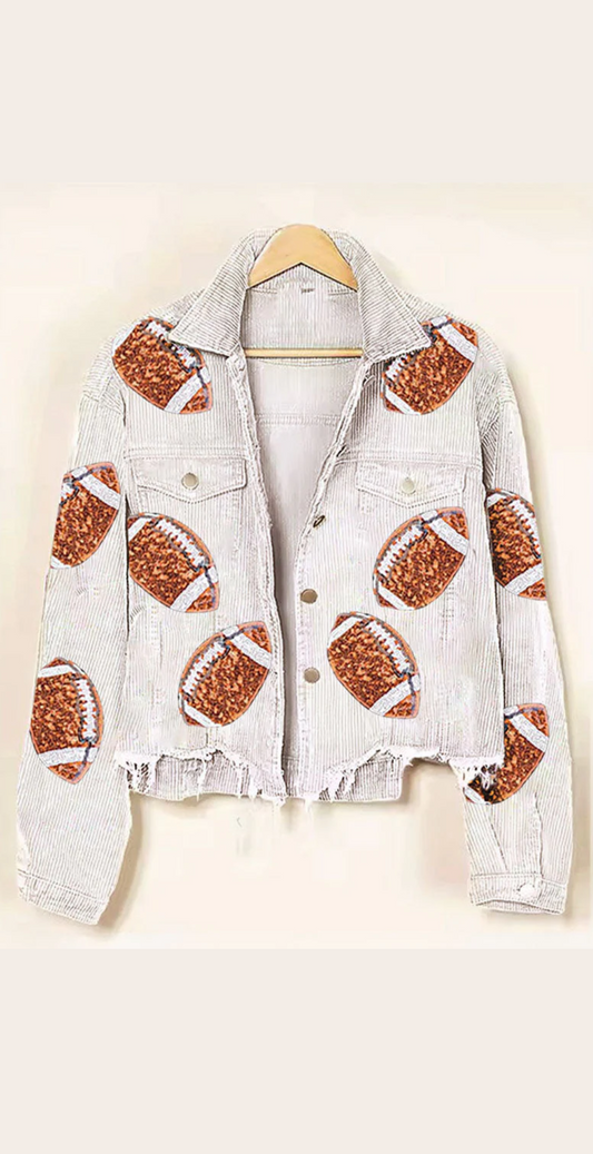 Beige Sequin Football Cropped Corduroy Shacket