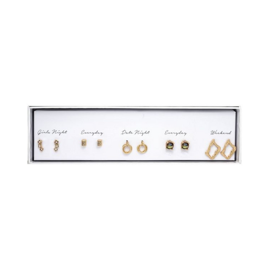 Gold Curved Dots, Rectangle, Rings, Stone, Abstract Shape Five Post Earring Set #7