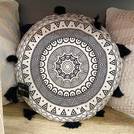 Cream/Black Pattern Round Pillow Cushion With Tassels- 18"