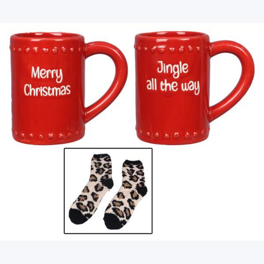 Ceramic Christmas 16oz Mug with Leopard Print Sock