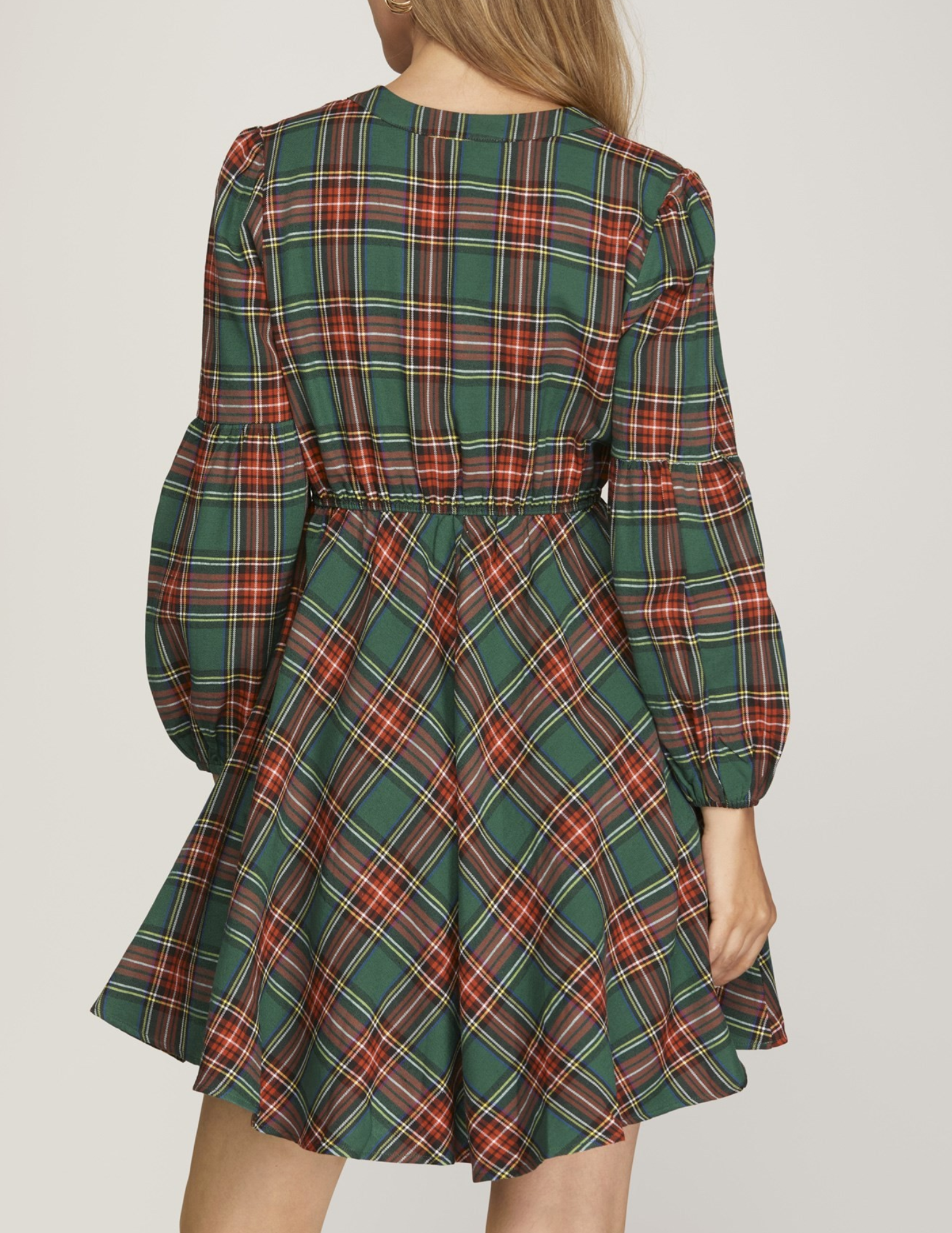 Green Plaid Long Sleeve Dress With Pockets