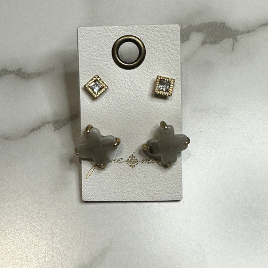 Jane Marie Clear Square/Grey Cross 2 Stud Set Earrings