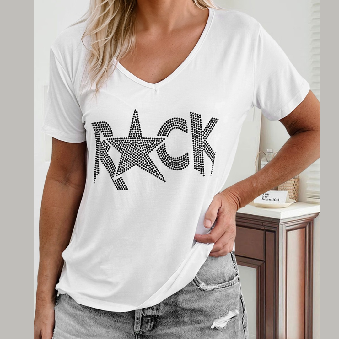 Concert White ROCK Star Shape Rhinestone V Neck T Shirt