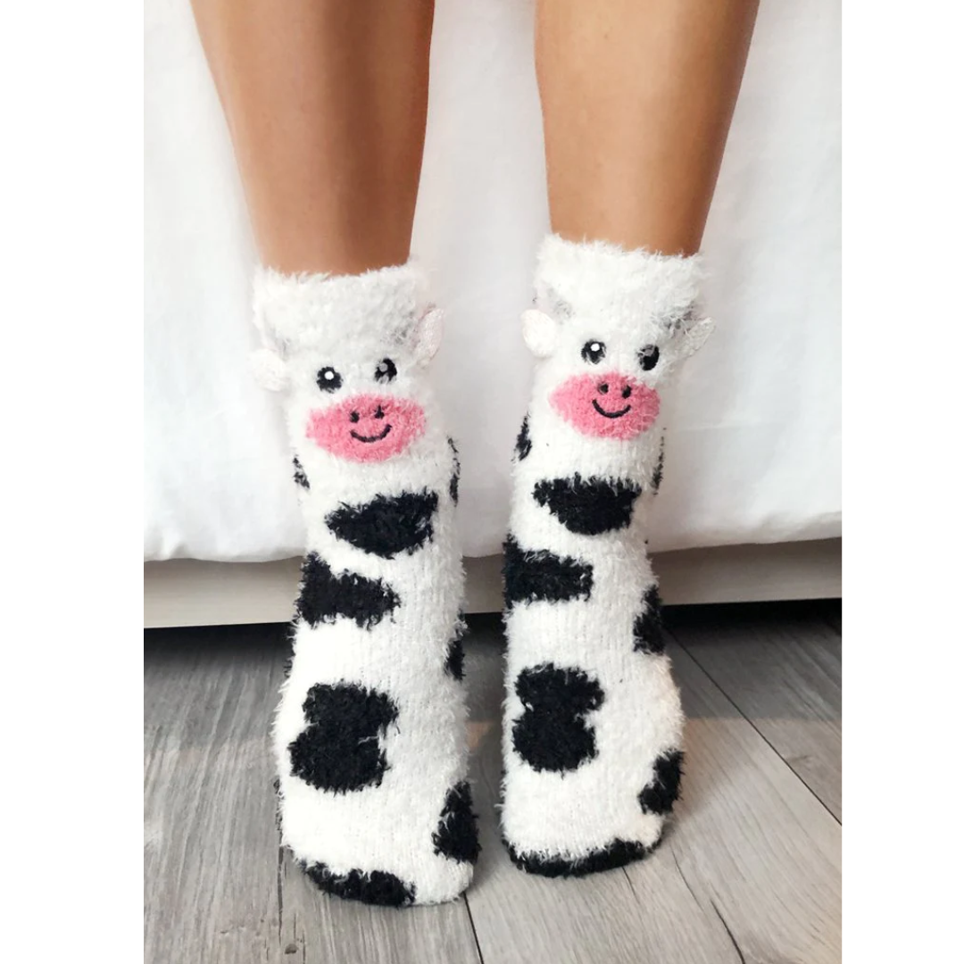 Fuzzy Cow Crew Socks