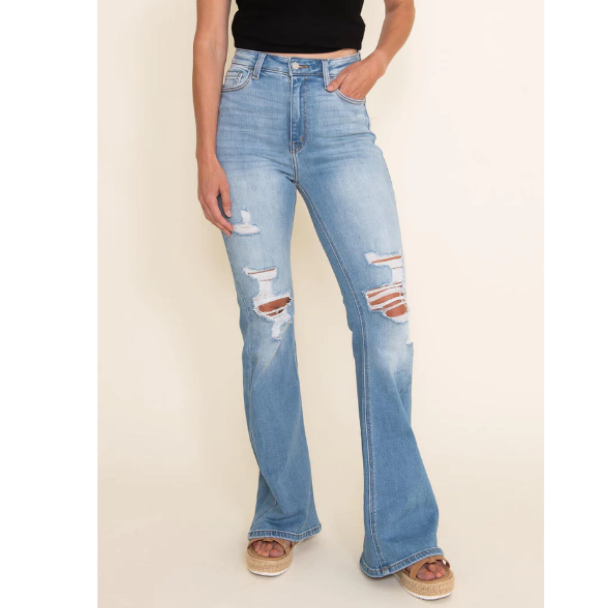 Cello High Rise Distress Super Flare Jeans