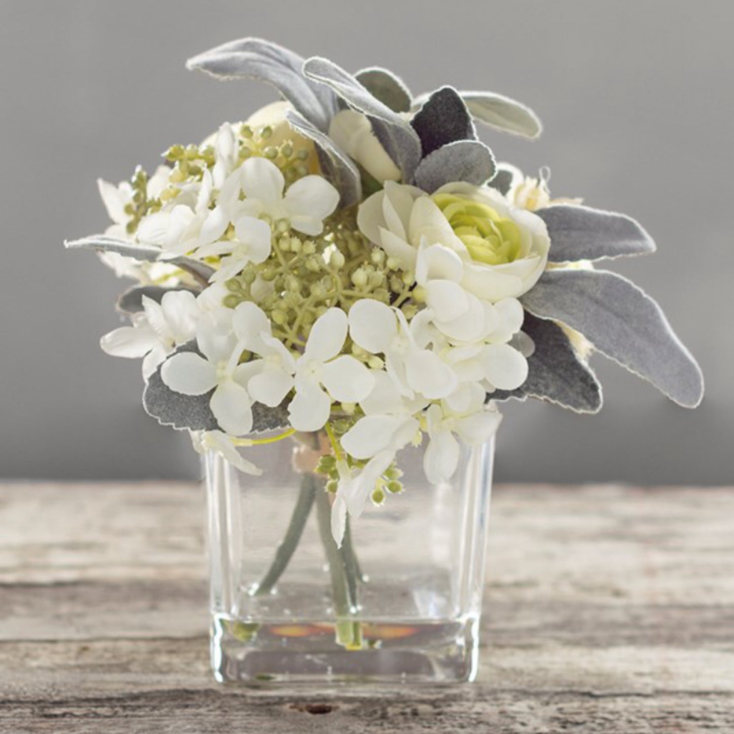 White Floral Bouquet Square Glass Vase