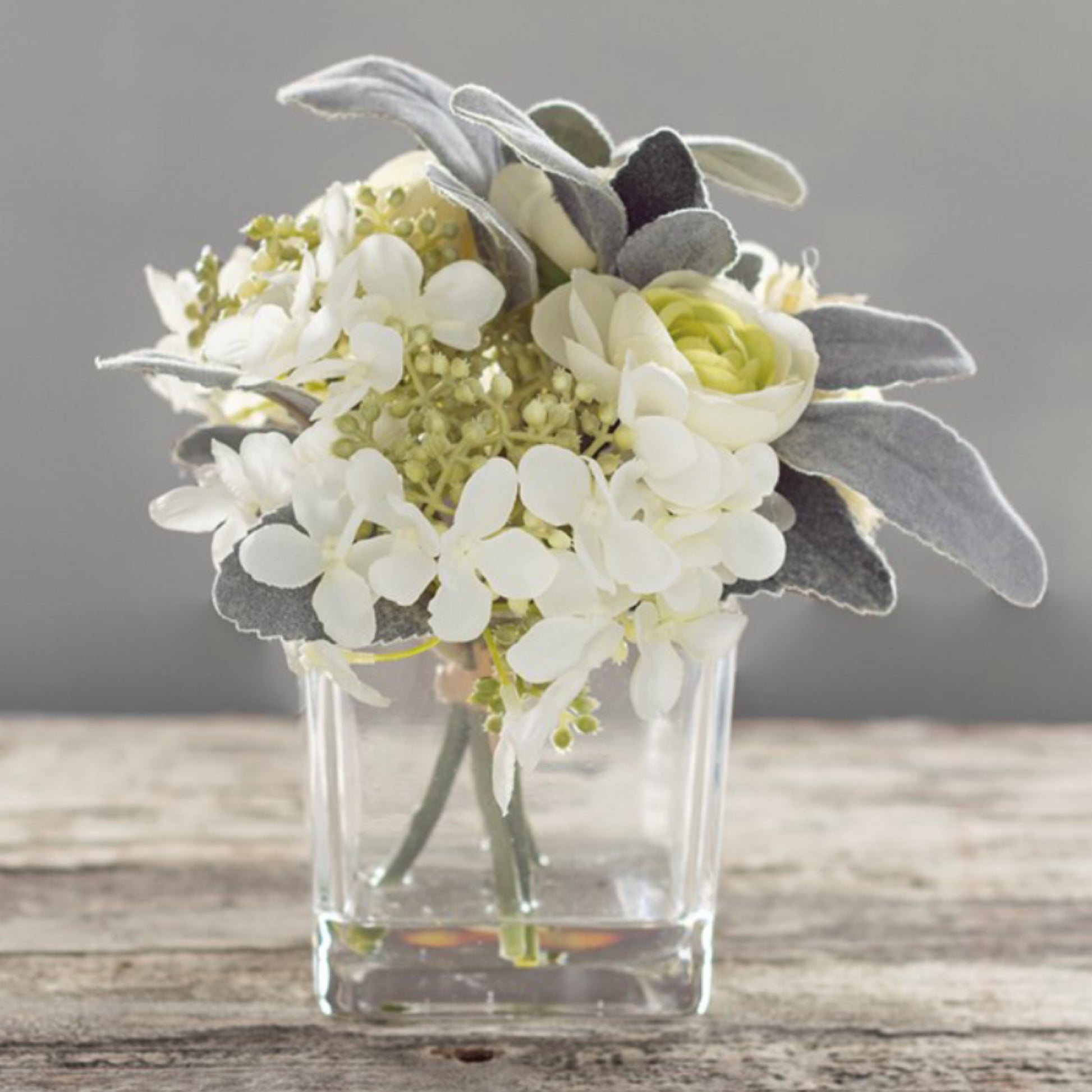 White Floral Bouquet Square Glass Vase