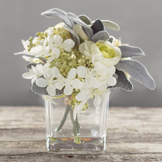 White Floral Bouquet Square Glass Vase