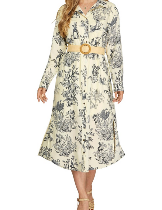 Black Long Sleeve Button Down  Floral Print Dress With Belt