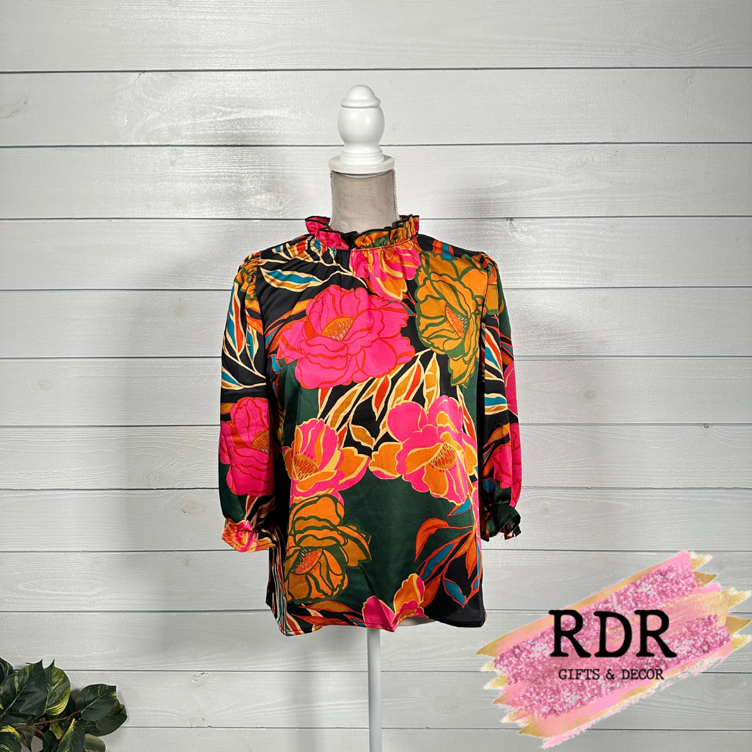 Silky Floral 3/4 Smocked Sleeve Top