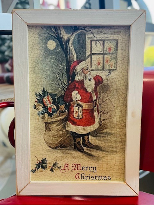 Vintage Santa At The Window Picture In White Frame