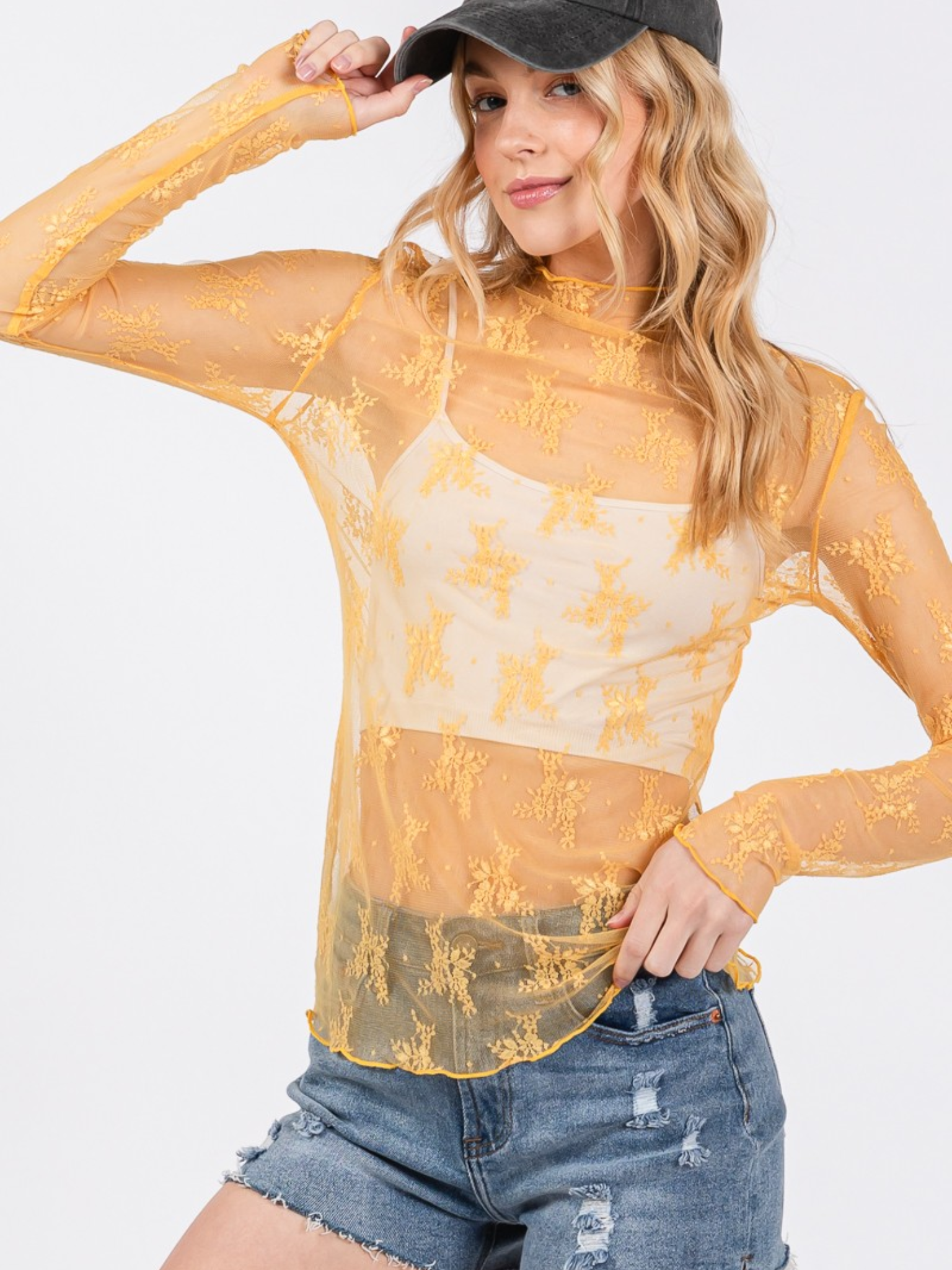 Mesh High Neck Floral Print Long Sleeve Fitted Top