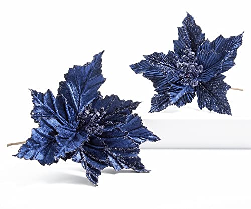 Navy Blue Glitter Poinsettia Pick