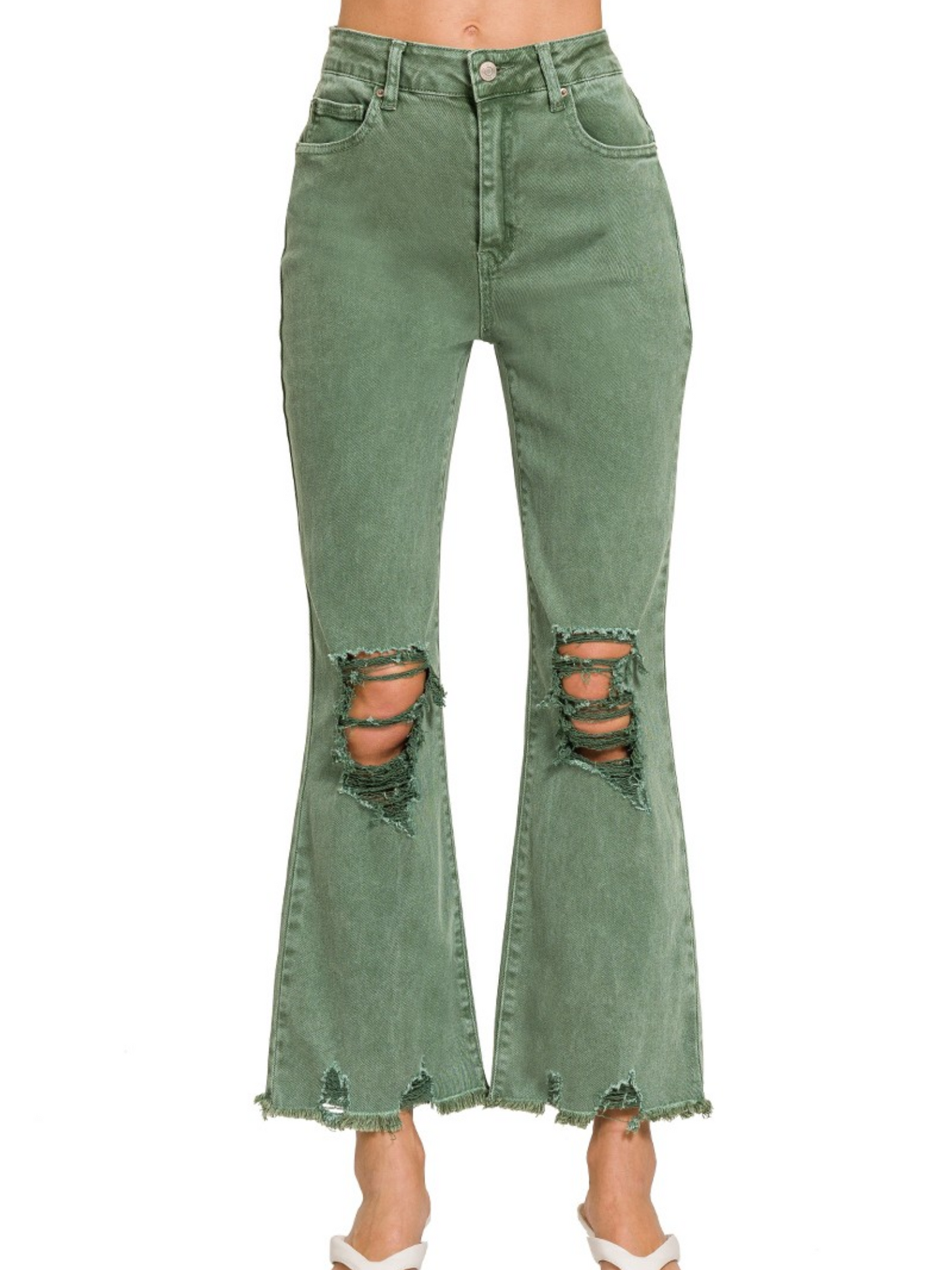 Acid Washed High Waist Distressed Straight Leg Cropped Pants