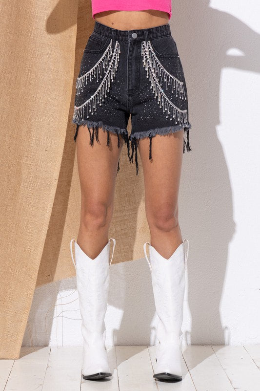 Concert Sprinkle Gem Double Rhinestone Fringe Denim Shorts