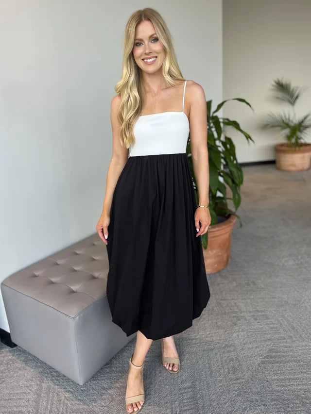 Black & White Long Spaghetti Strap Dress With Bubble Hem