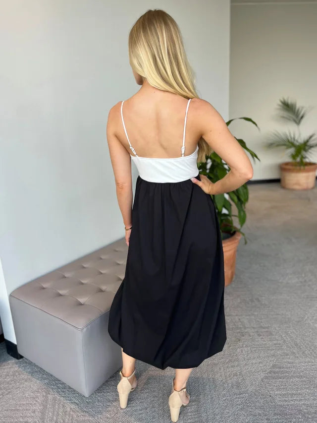 Black & White Long Spaghetti Strap Dress With Bubble Hem