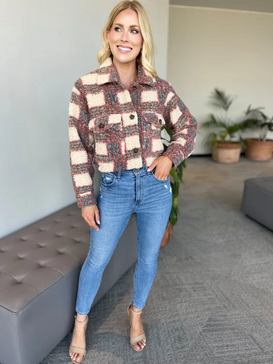 Raspberry/Teal Sherpa Plaid Crop Jacket
