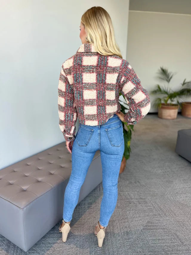 Raspberry/Teal Sherpa Plaid Crop Jacket